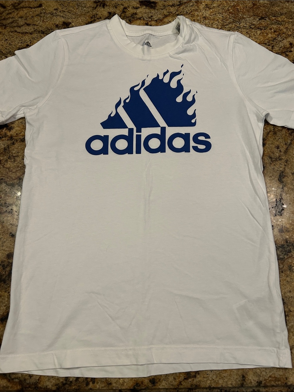 adidas White Short Sleeve Tee with Blue Flame Logo